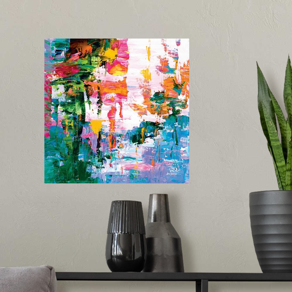 A modern room featuring Vibrant colorful abstract painting.
