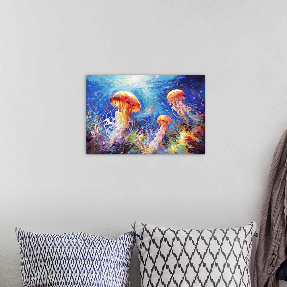A bohemian room featuring This contemporary impressionistic piece captures the ethereal beauty of jellyfish gliding through...