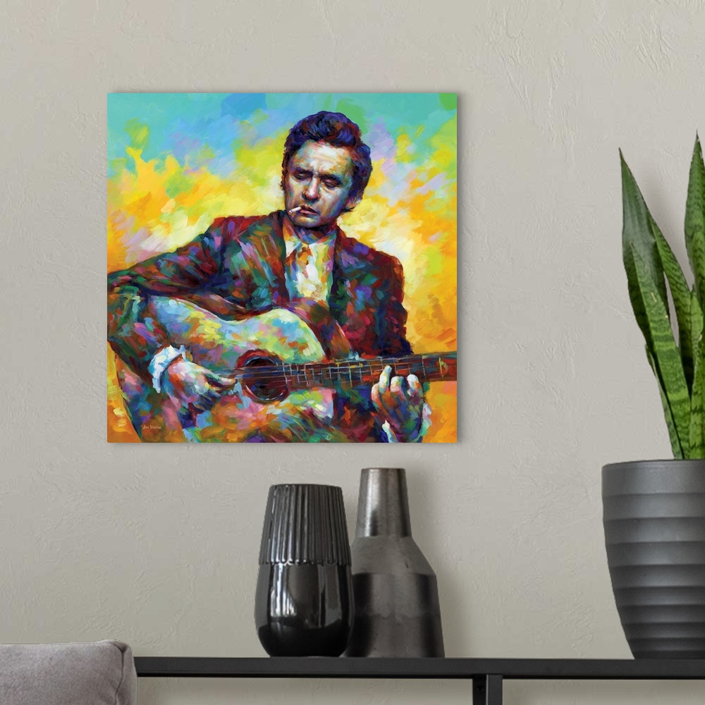 A modern room featuring Johnny Cash