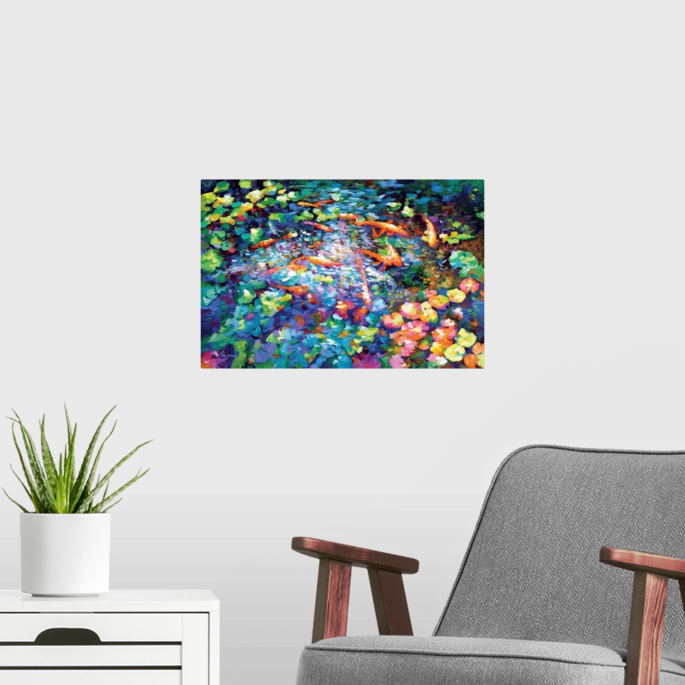 A modern room featuring Koi Fish And Water Lilies II