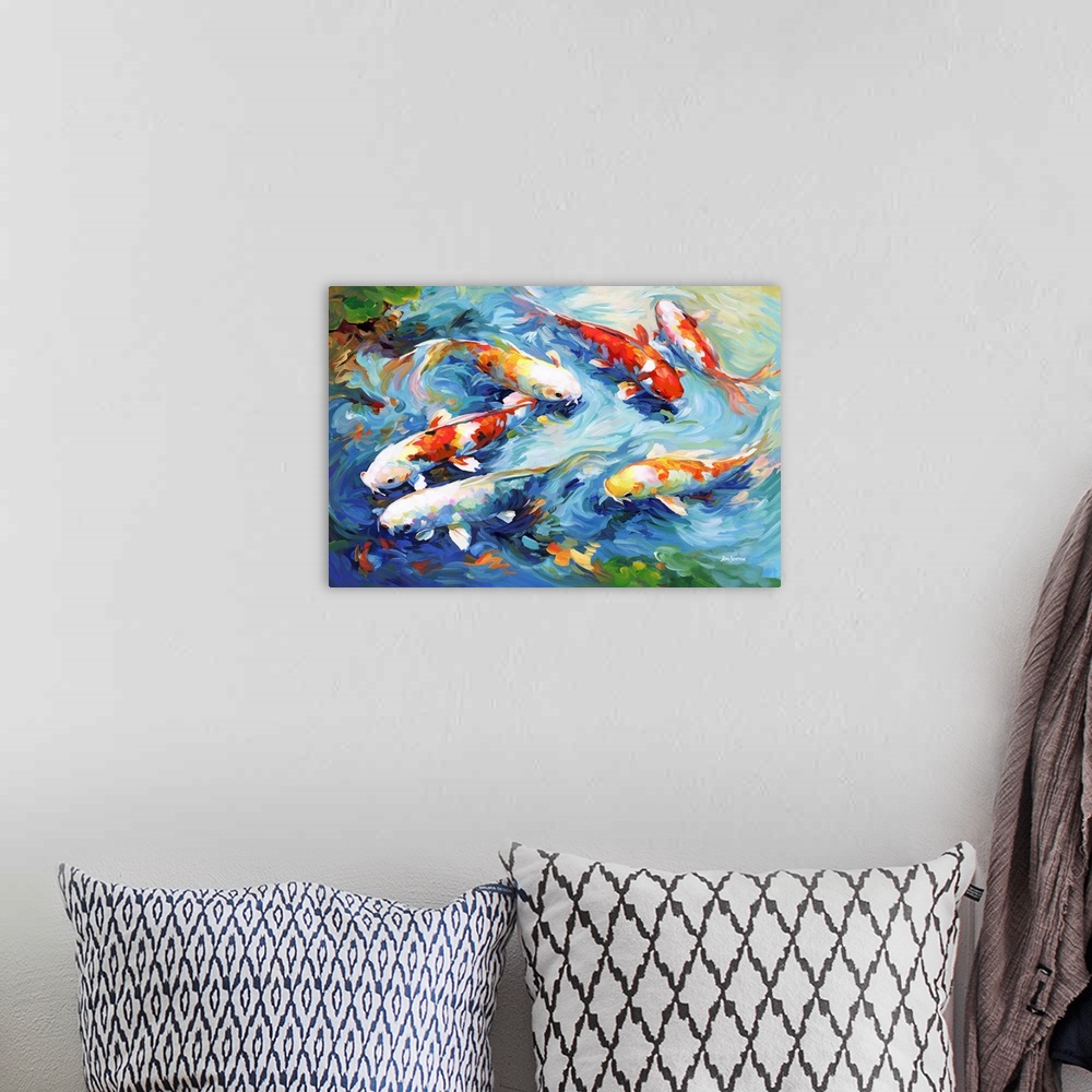 A bohemian room featuring This contemporary artwork beautifully captures a group of colorful koi fish gracefully gliding th...