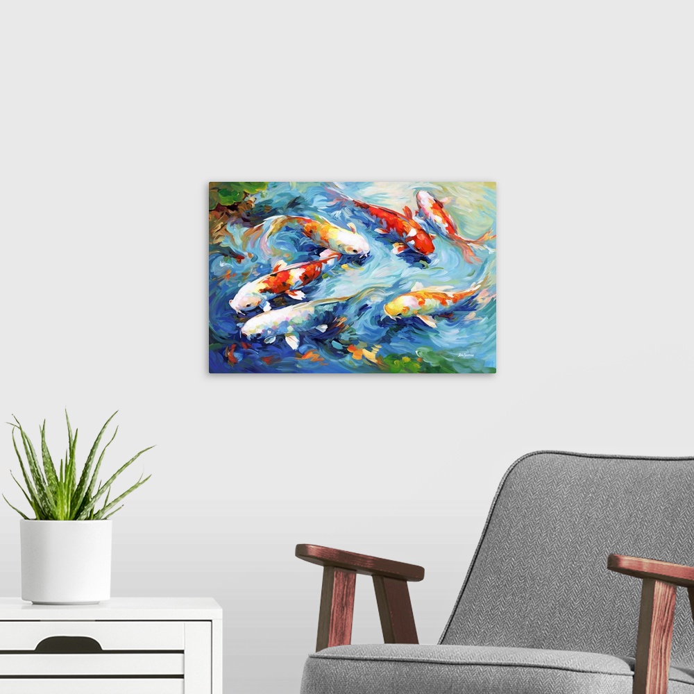 A modern room featuring This contemporary artwork beautifully captures a group of colorful koi fish gracefully gliding th...