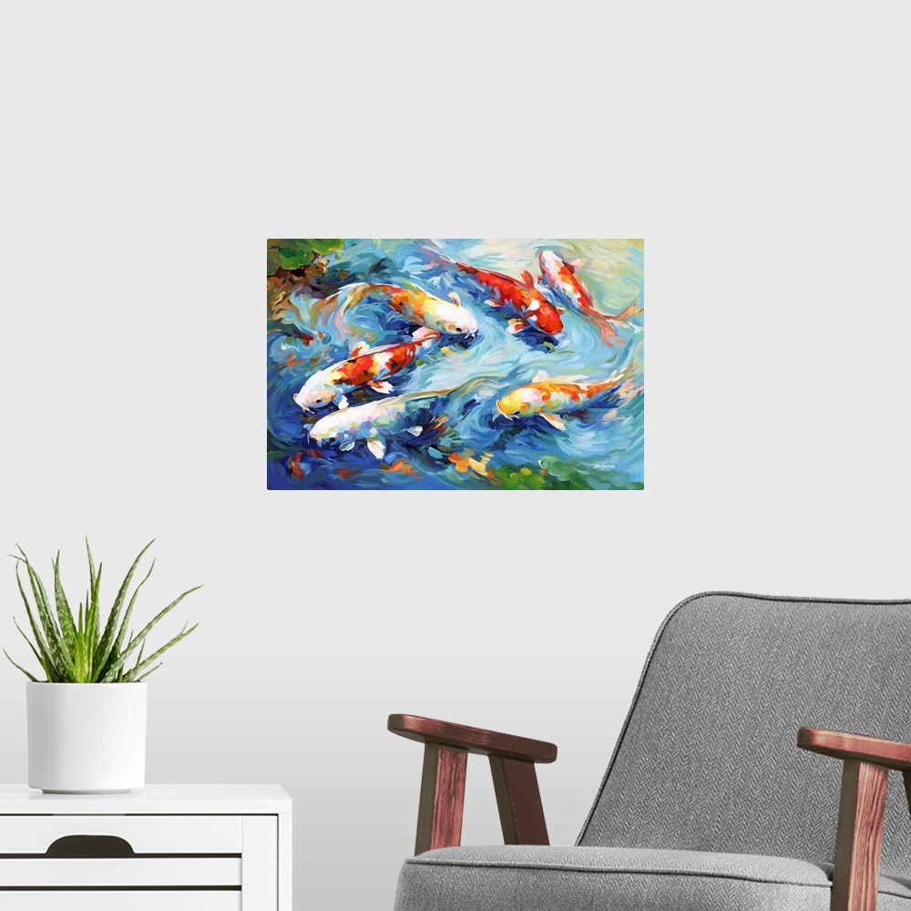 A modern room featuring This contemporary artwork beautifully captures a group of colorful koi fish gracefully gliding th...