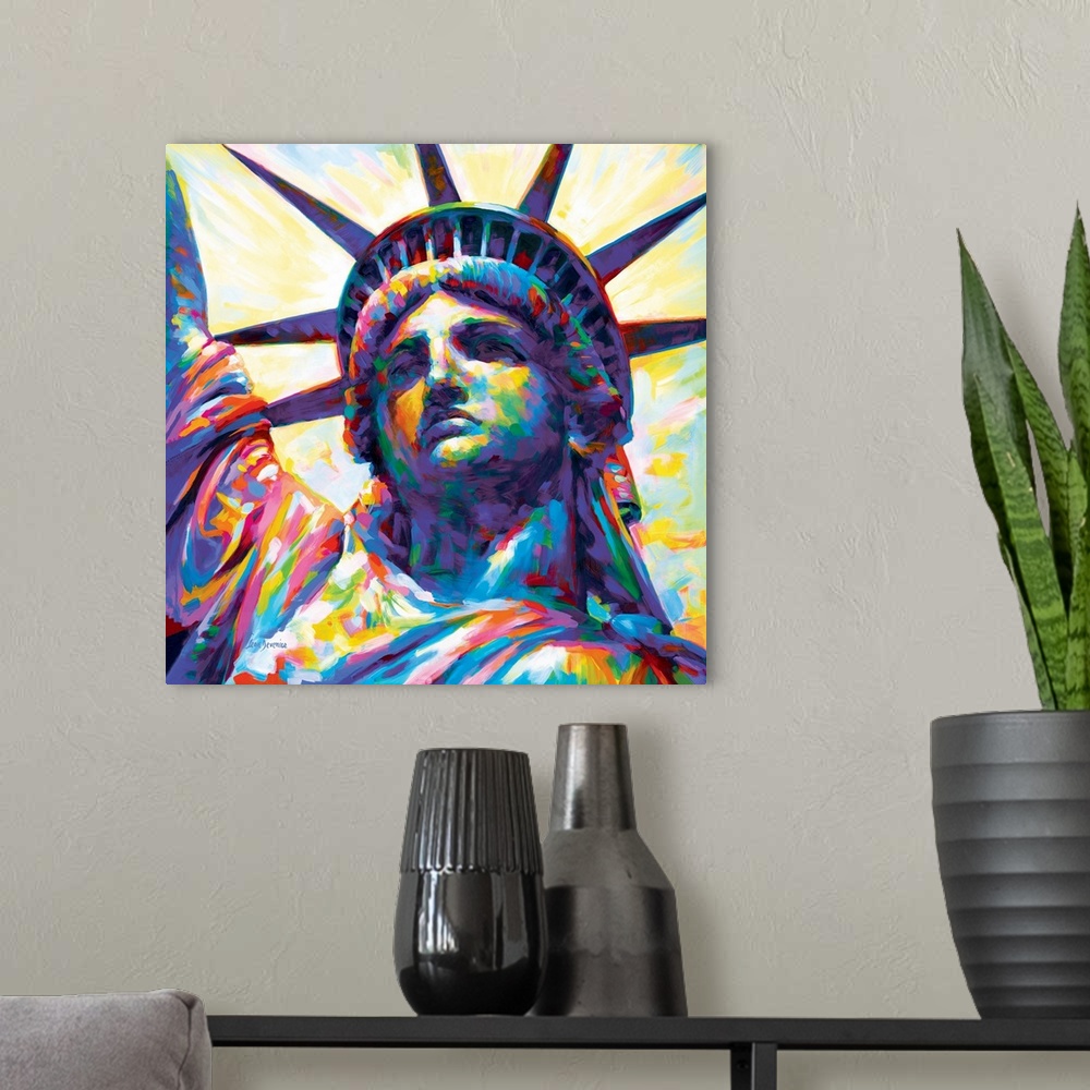 A modern room featuring Vibrant and colorful close-up portrait painting of the Statue of Liberty in New York City.