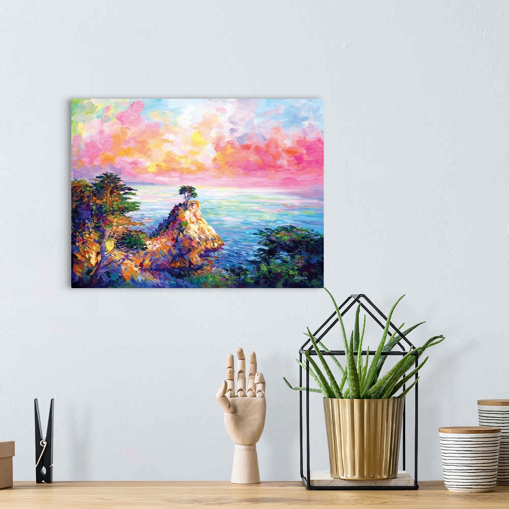 A bohemian room featuring Vibrant and colorful contemporary painting of the Lone Cypress in Pebble Beach, California.