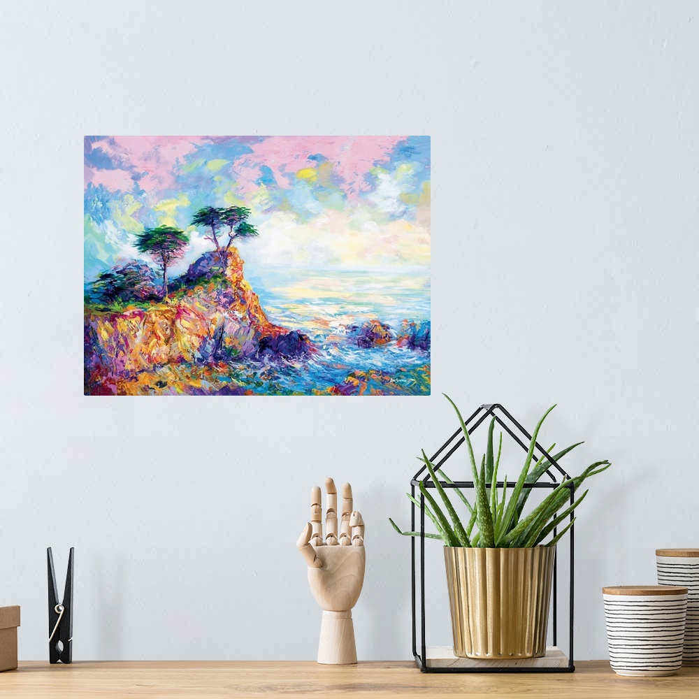 A bohemian room featuring Vibrant and colorful landscape painting of the Lone Cypress in Pebble beach, California.