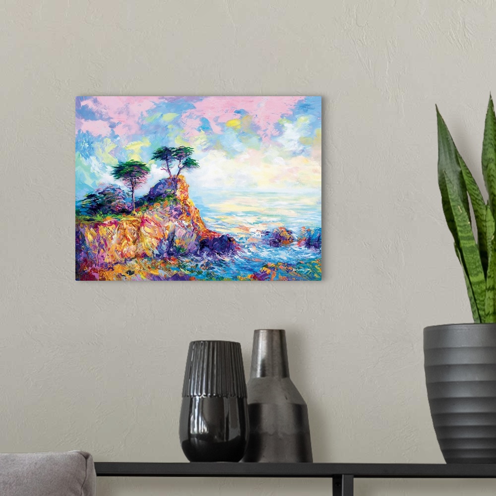 A modern room featuring Vibrant and colorful landscape painting of the Lone Cypress in Pebble beach, California.