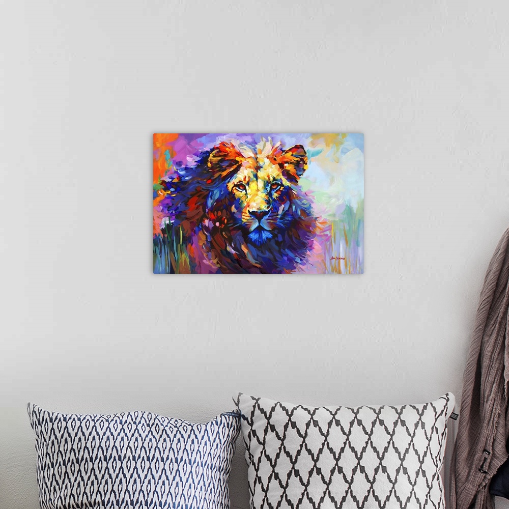 A bohemian room featuring This contemporary artwork offers a striking portrayal of a lion, rendered in a spectrum of vivid ...
