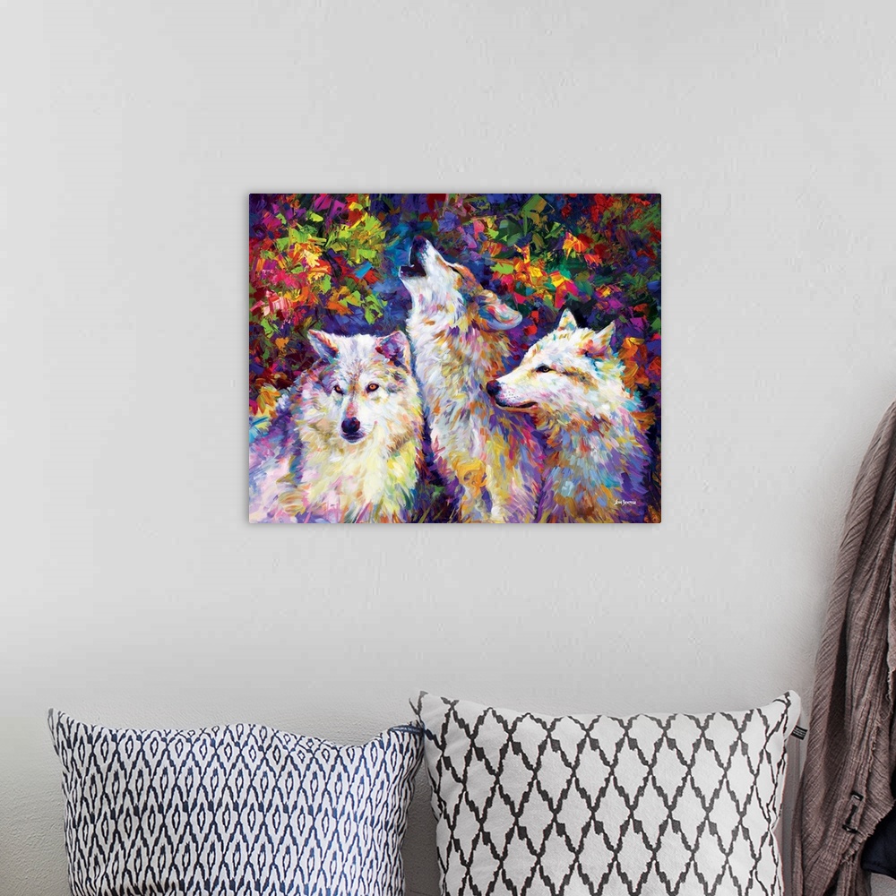 A bohemian room featuring Vibrant contemporary painting of three colorful wolves in the forest in the style of impressionism.