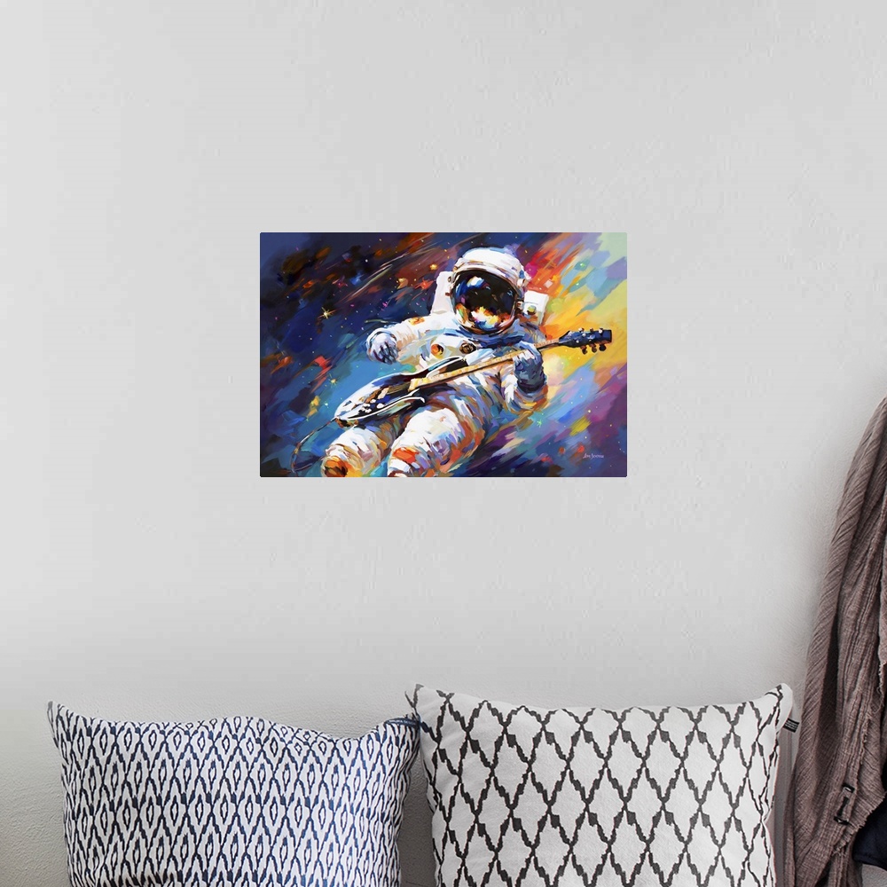 A bohemian room featuring This contemporary artwork captures an astronaut serenely playing an electric guitar in the cosmos...