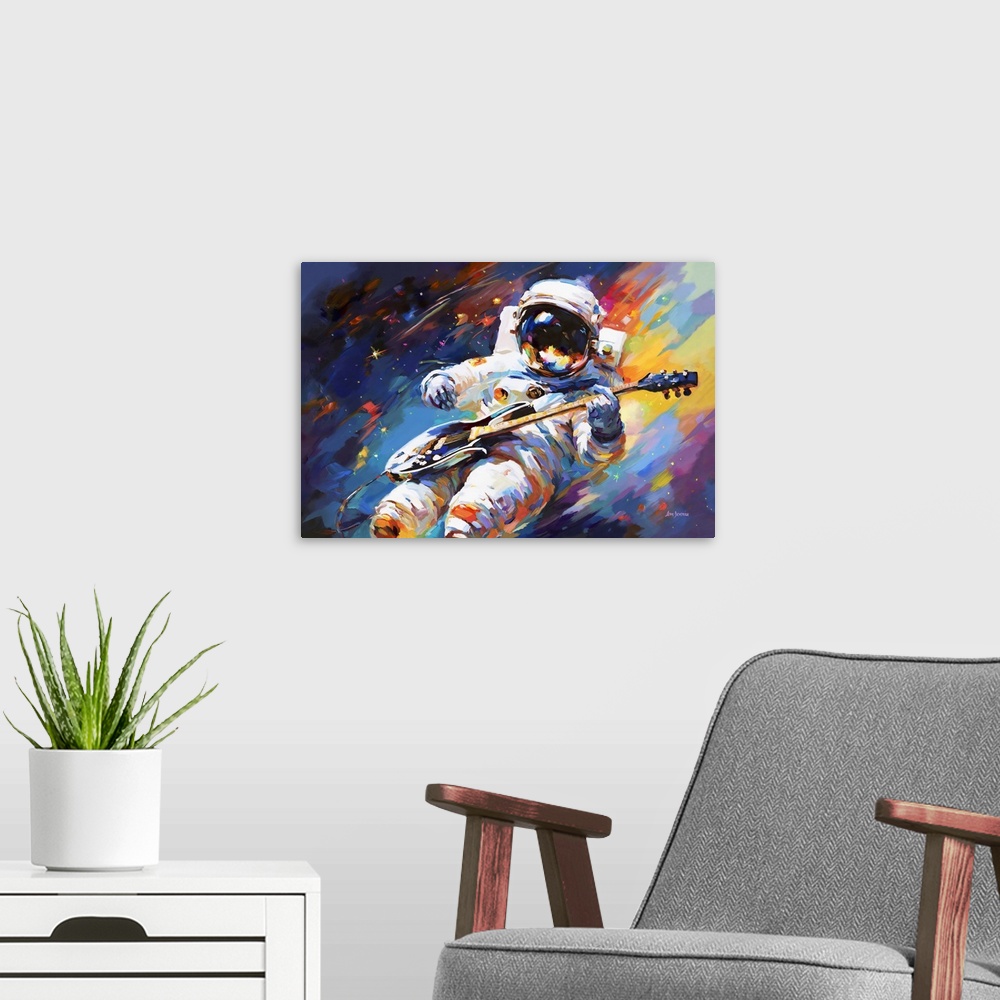 A modern room featuring This contemporary artwork captures an astronaut serenely playing an electric guitar in the cosmos...