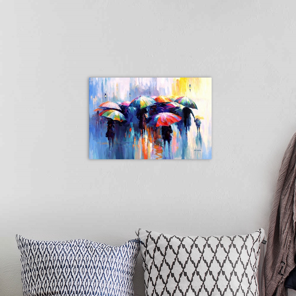 A bohemian room featuring This vibrant, contemporary artwork captures a bustling city scene under the rain, where people cl...