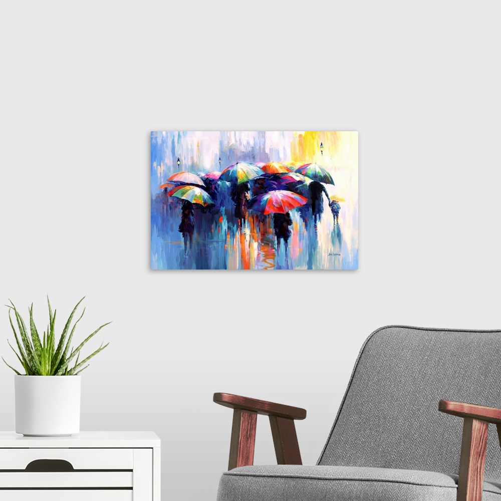 A modern room featuring This vibrant, contemporary artwork captures a bustling city scene under the rain, where people cl...