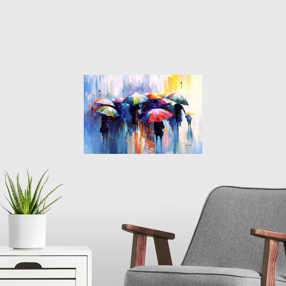 A modern room featuring This vibrant, contemporary artwork captures a bustling city scene under the rain, where people cl...