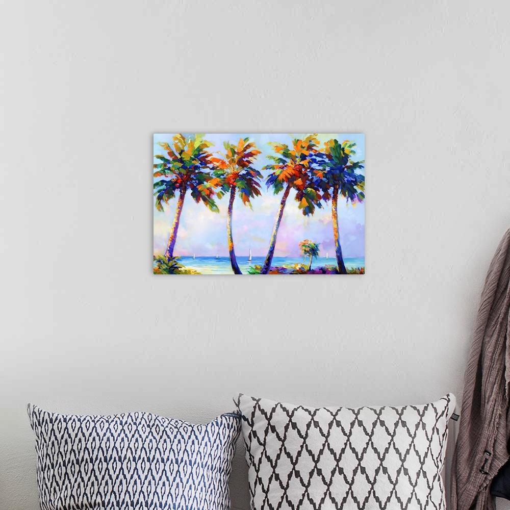 A bohemian room featuring This contemporary artwork vividly depicts palm trees swaying on a sun-kissed beach, their vivid c...