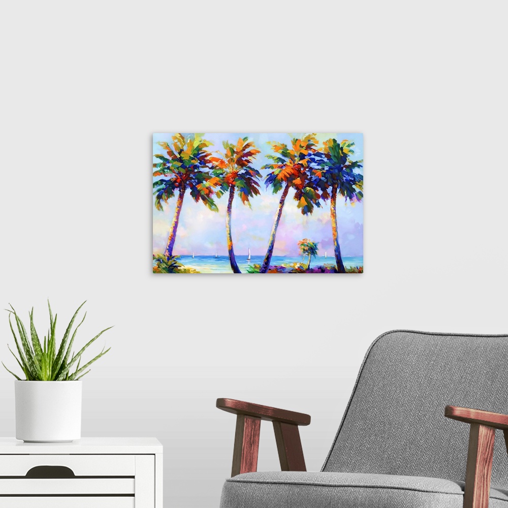 A modern room featuring This contemporary artwork vividly depicts palm trees swaying on a sun-kissed beach, their vivid c...