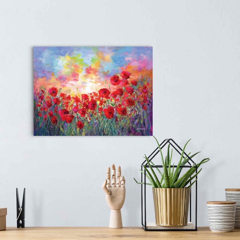 A bohemian room featuring Vibrant red poppies glow in this modern contemporary painting. The impressionistic brushstrokes c...