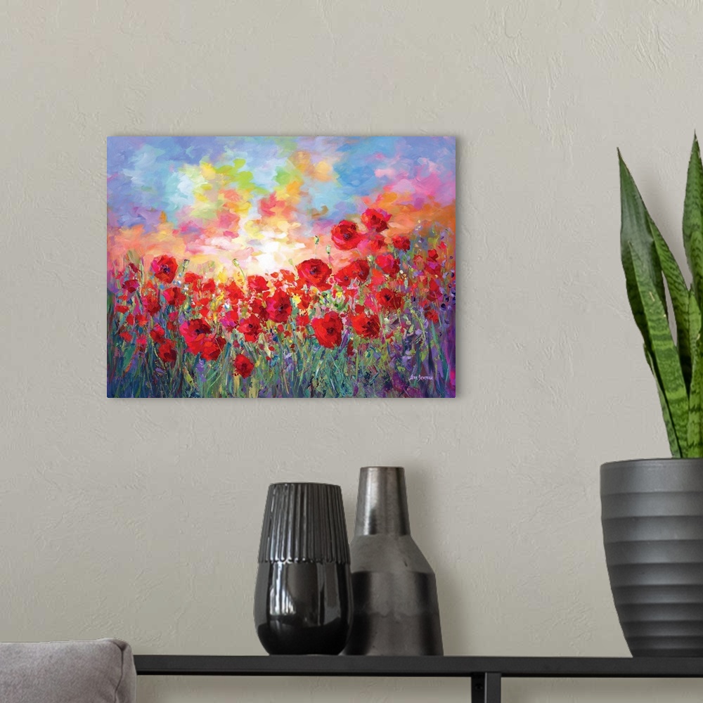 A modern room featuring Vibrant red poppies glow in this modern contemporary painting. The impressionistic brushstrokes c...