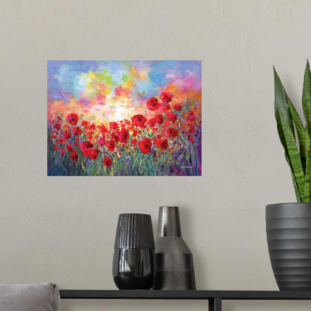 A modern room featuring Vibrant red poppies glow in this modern contemporary painting. The impressionistic brushstrokes c...