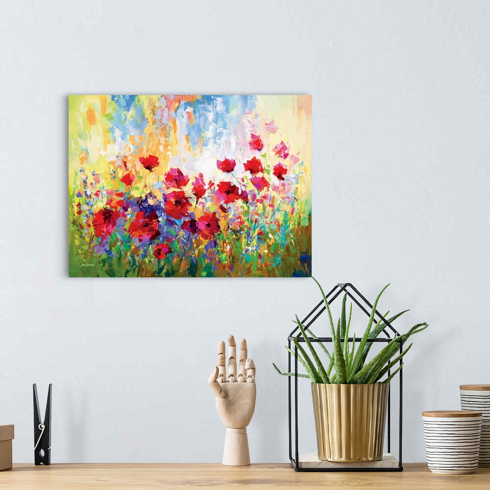 A bohemian room featuring Contemporary painting of a vibrant poppy field. The red petals contrast beautifully against the c...