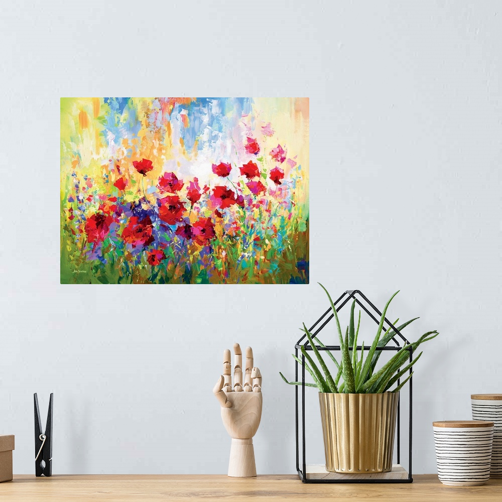 A bohemian room featuring Contemporary painting of a vibrant poppy field. The red petals contrast beautifully against the c...