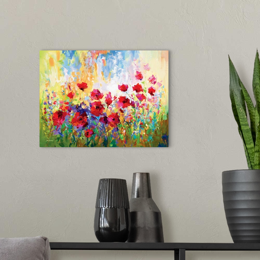 A modern room featuring Contemporary painting of a vibrant poppy field. The red petals contrast beautifully against the c...
