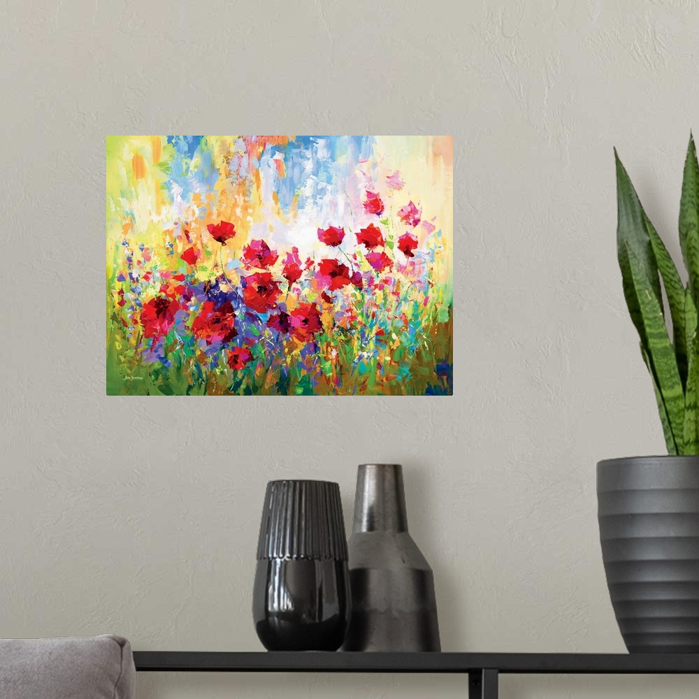 A modern room featuring Contemporary painting of a vibrant poppy field. The red petals contrast beautifully against the c...