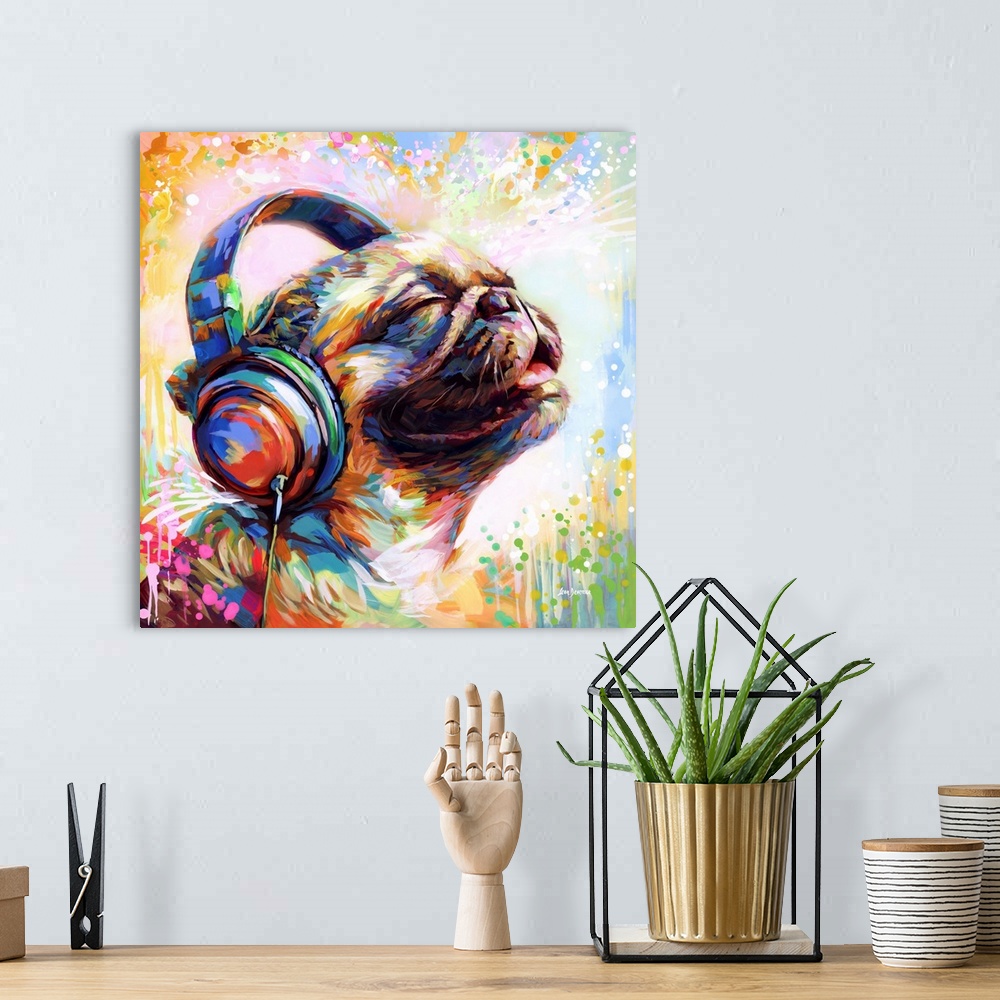A bohemian room featuring This contemporary artwork showcases a joyful pug enjoying music through headphones, with a medley...