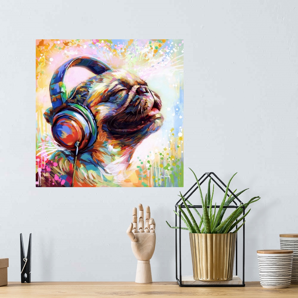 A bohemian room featuring This contemporary artwork showcases a joyful pug enjoying music through headphones, with a medley...