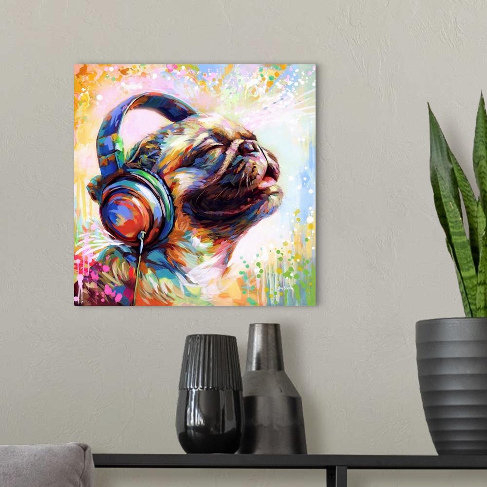 A modern room featuring This contemporary artwork showcases a joyful pug enjoying music through headphones, with a medley...