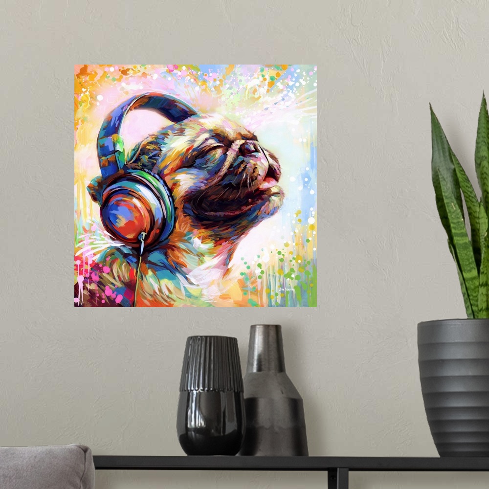 A modern room featuring This contemporary artwork showcases a joyful pug enjoying music through headphones, with a medley...