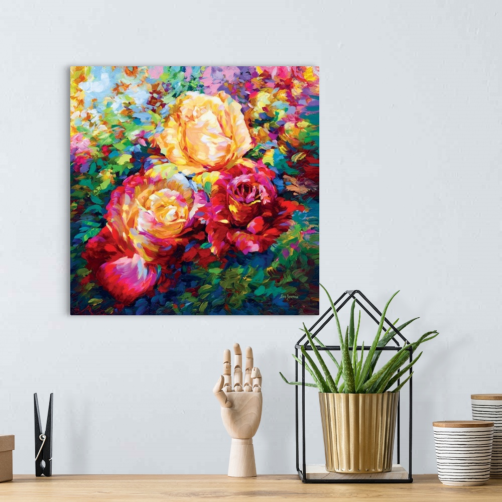 A bohemian room featuring A vibrant and colorful contemporary painting of roses.