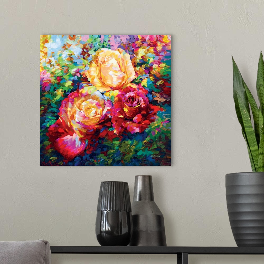 A modern room featuring A vibrant and colorful contemporary painting of roses.