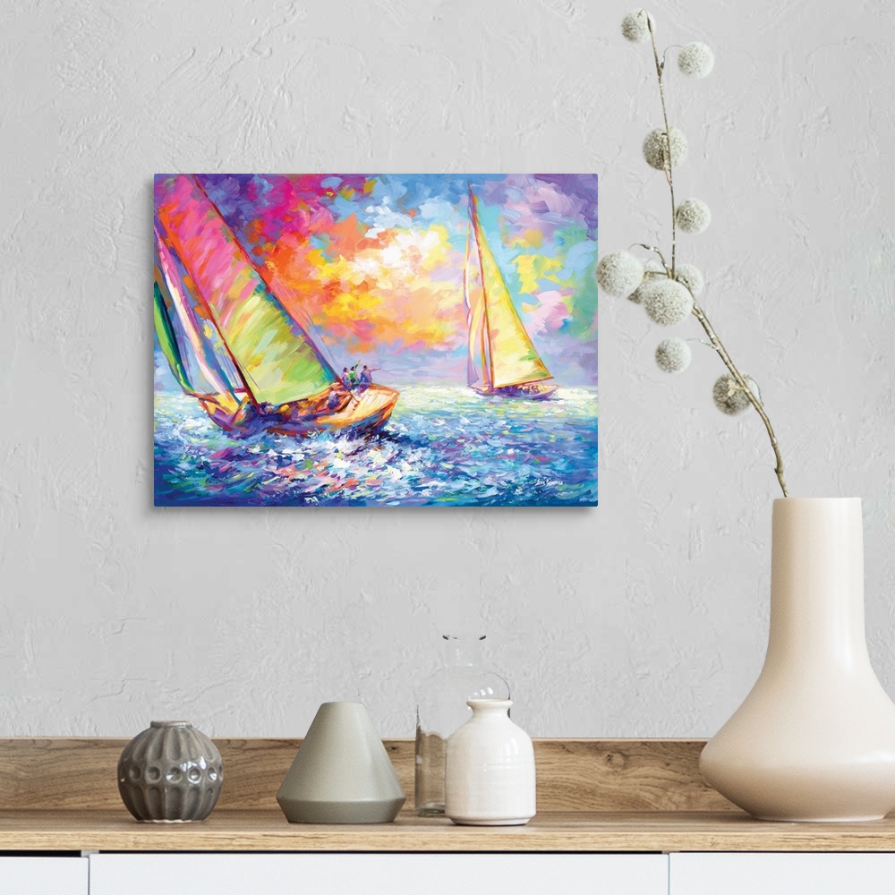 A farmhouse room featuring A vibrant and colorful painting of two luxury yachts sailing through the waves at sea in the styl...
