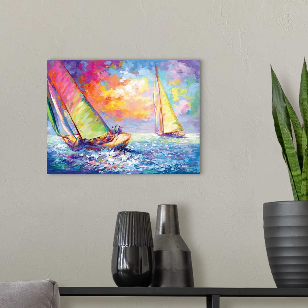 A modern room featuring A vibrant and colorful painting of two luxury yachts sailing through the waves at sea in the styl...