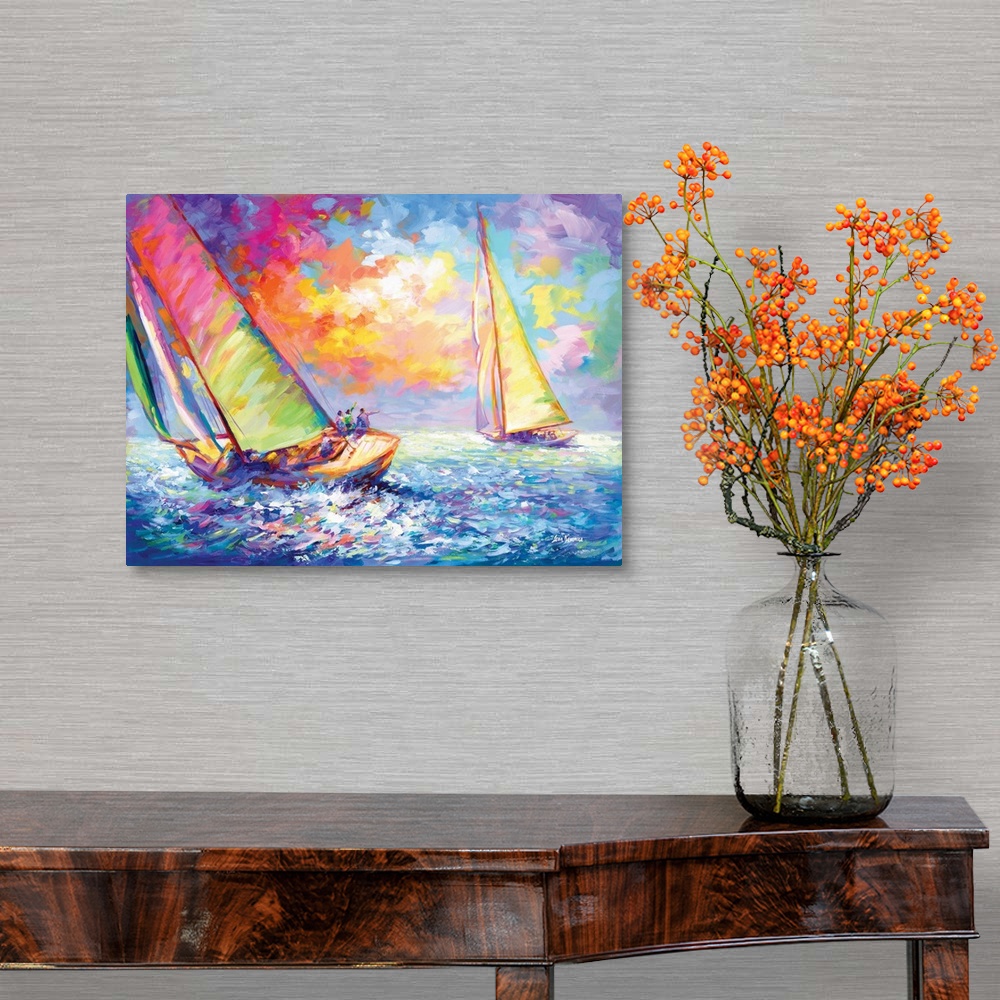 A traditional room featuring A vibrant and colorful painting of two luxury yachts sailing through the waves at sea in the styl...