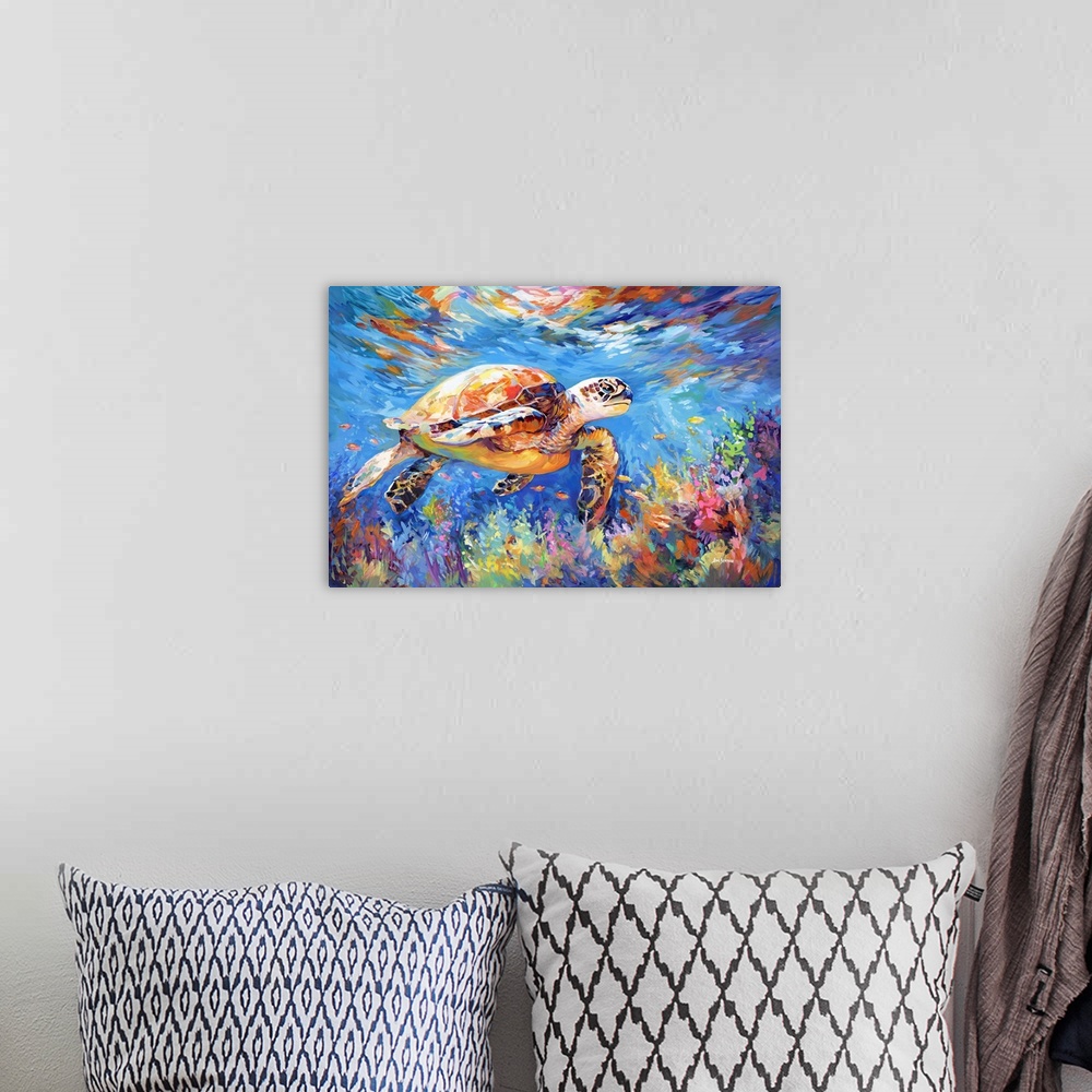 A bohemian room featuring This contemporary artwork captures a sea turtle gliding through the ocean's depths, its form acce...