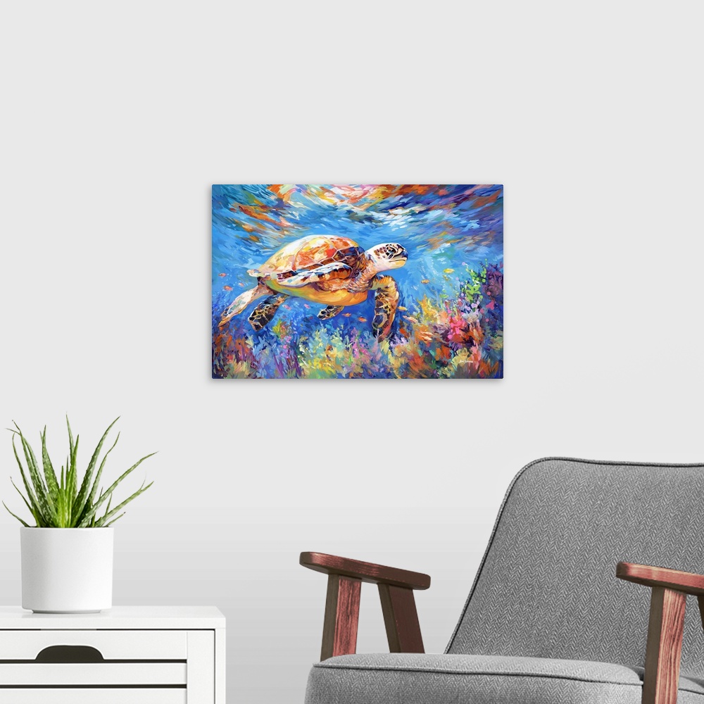 A modern room featuring This contemporary artwork captures a sea turtle gliding through the ocean's depths, its form acce...