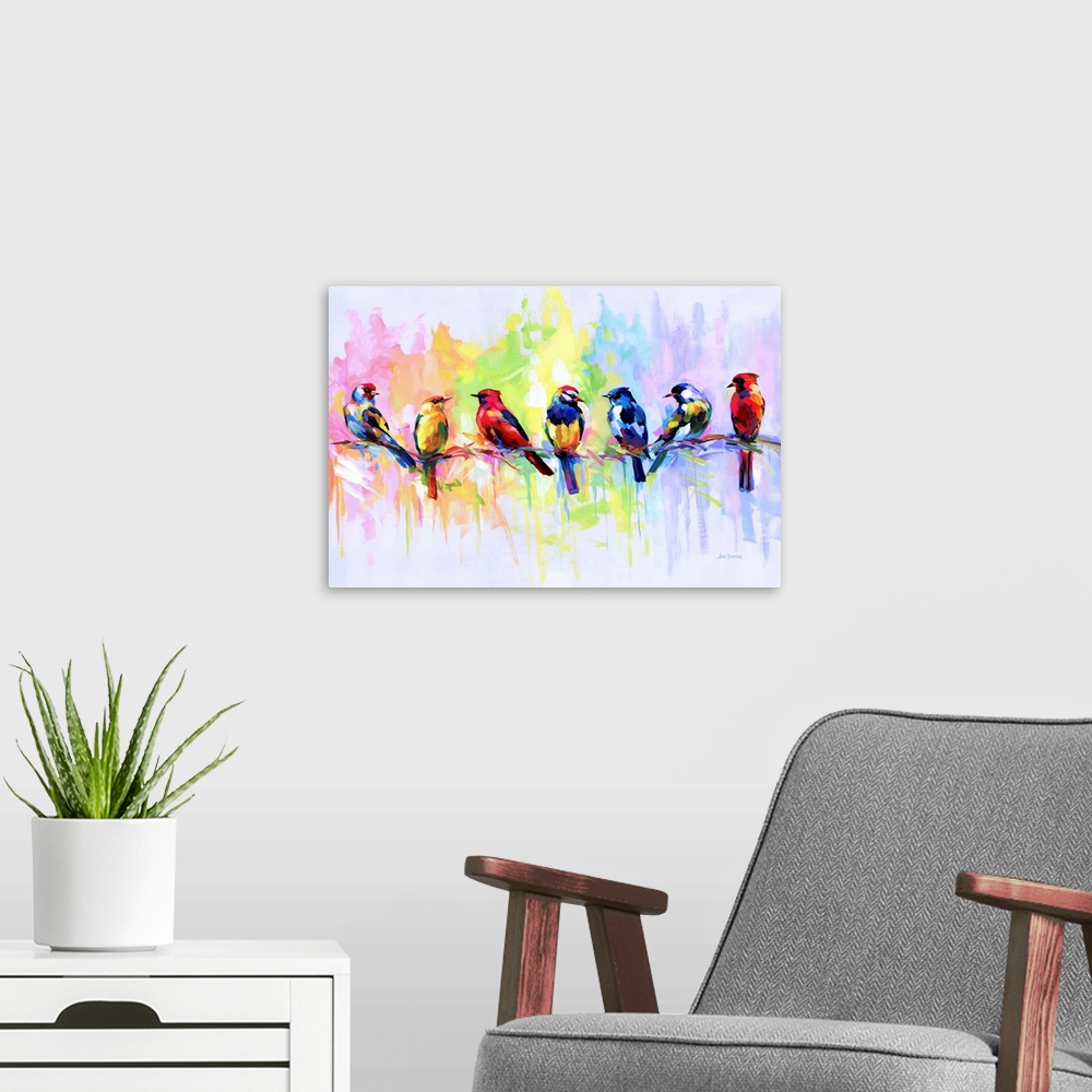 A modern room featuring Seven Colorful Birds