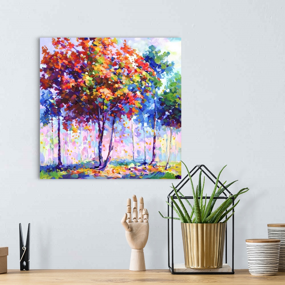 A bohemian room featuring This contemporary landscape portrays a colorful array of trees, each one a harmony of colors, com...