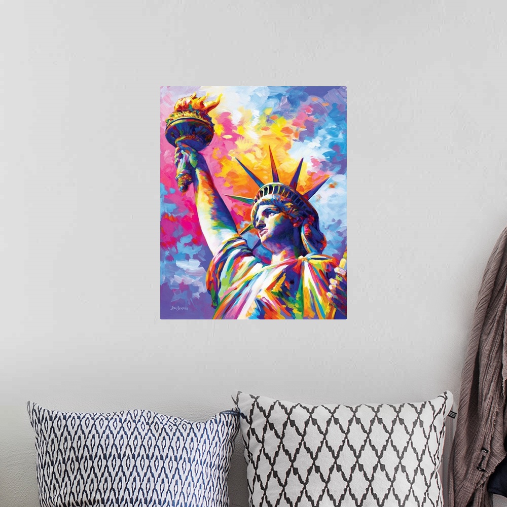 A bohemian room featuring Vibrant and colorful contemporary painting of the Statue of Liberty in New York City.