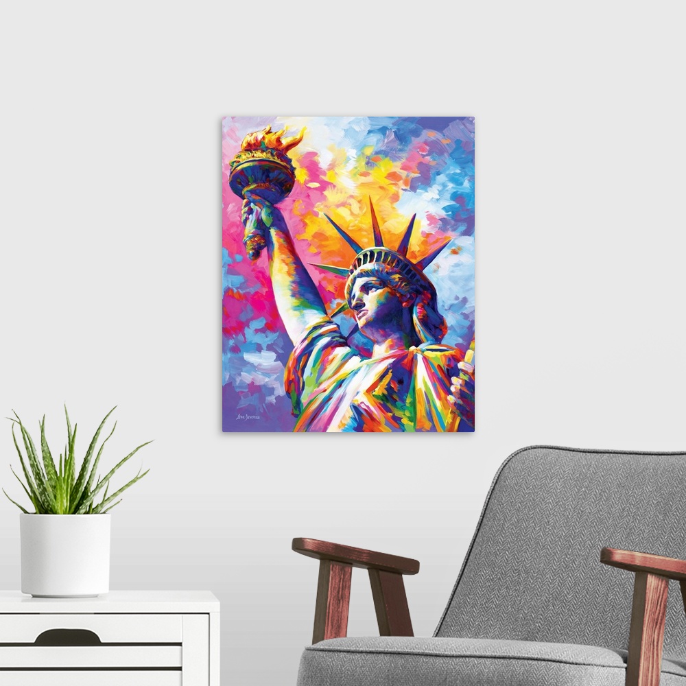 A modern room featuring Vibrant and colorful contemporary painting of the Statue of Liberty in New York City.