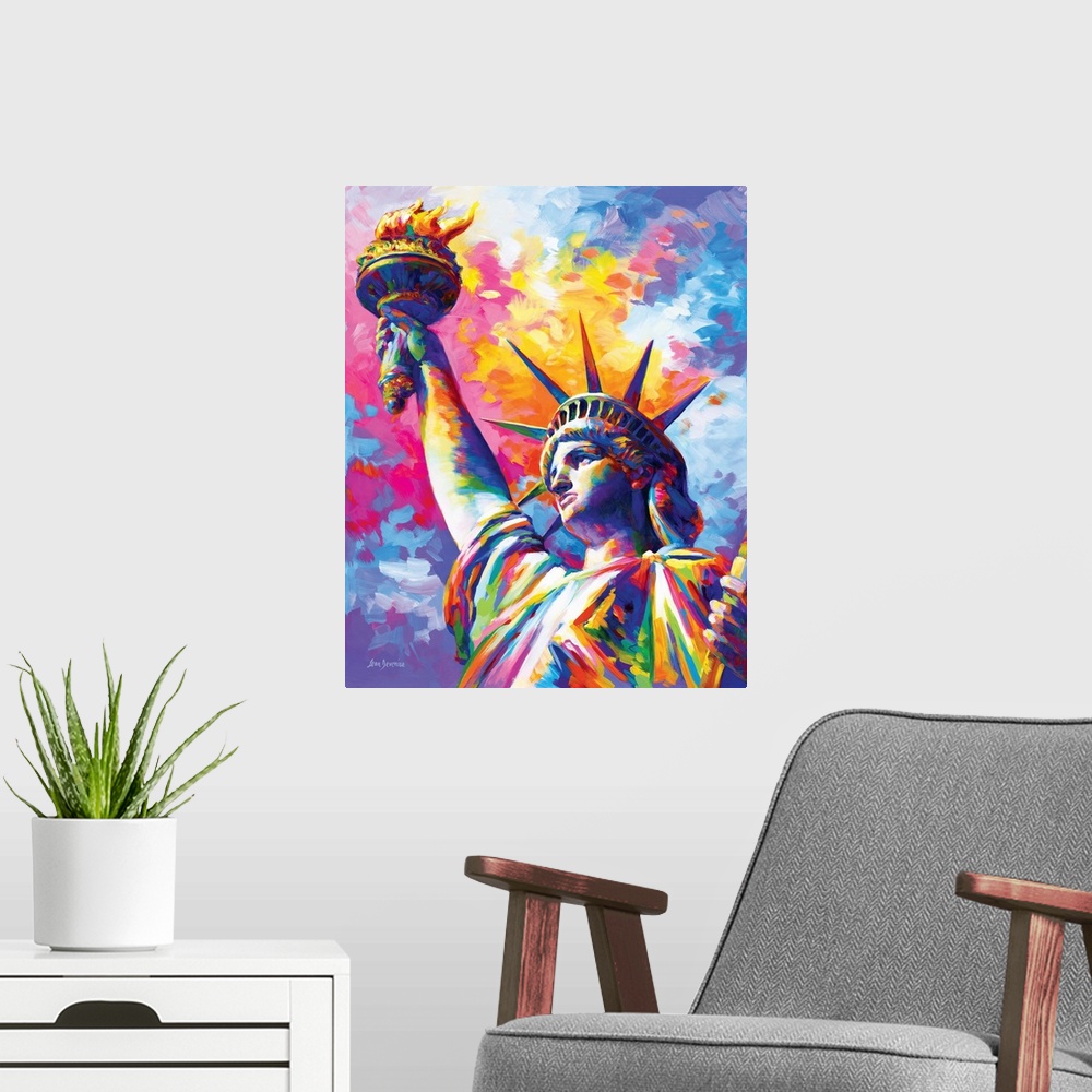 A modern room featuring Vibrant and colorful contemporary painting of the Statue of Liberty in New York City.