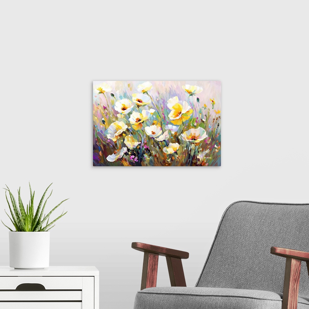 A modern room featuring This contemporary floral landscape bursts with the delicate white and yellow hues of poppies, nes...