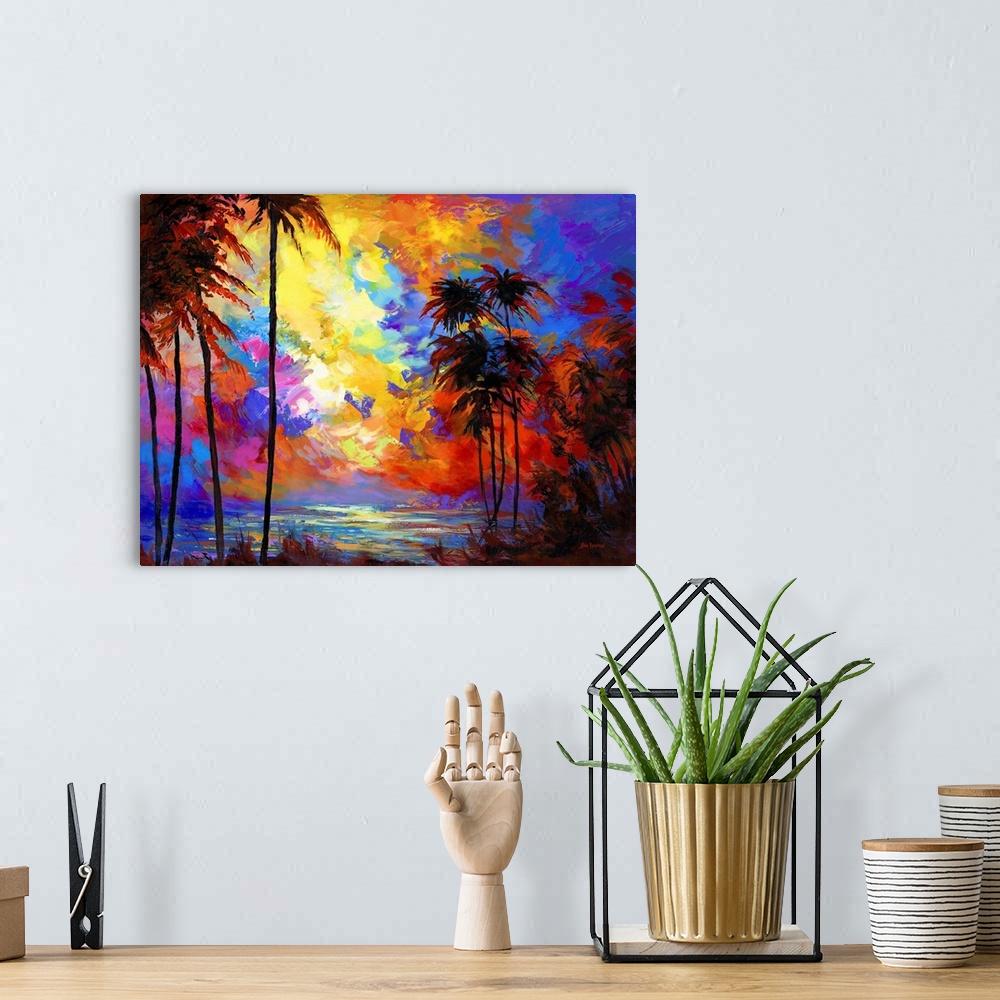A bohemian room featuring Vibrant and colorful contemporary painting of a sunset beach with tropical palm trees in Maui, Ha...