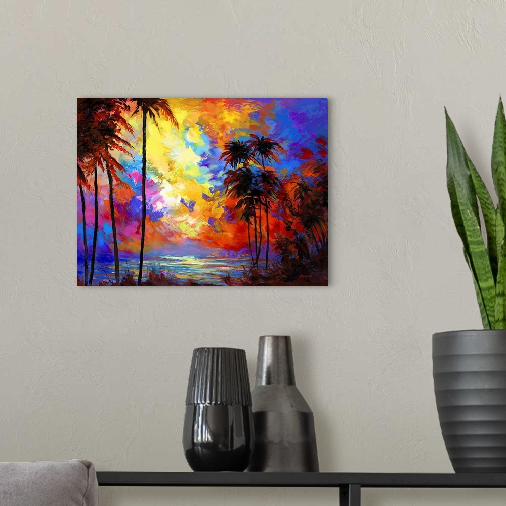 A modern room featuring Vibrant and colorful contemporary painting of a sunset beach with tropical palm trees in Maui, Ha...