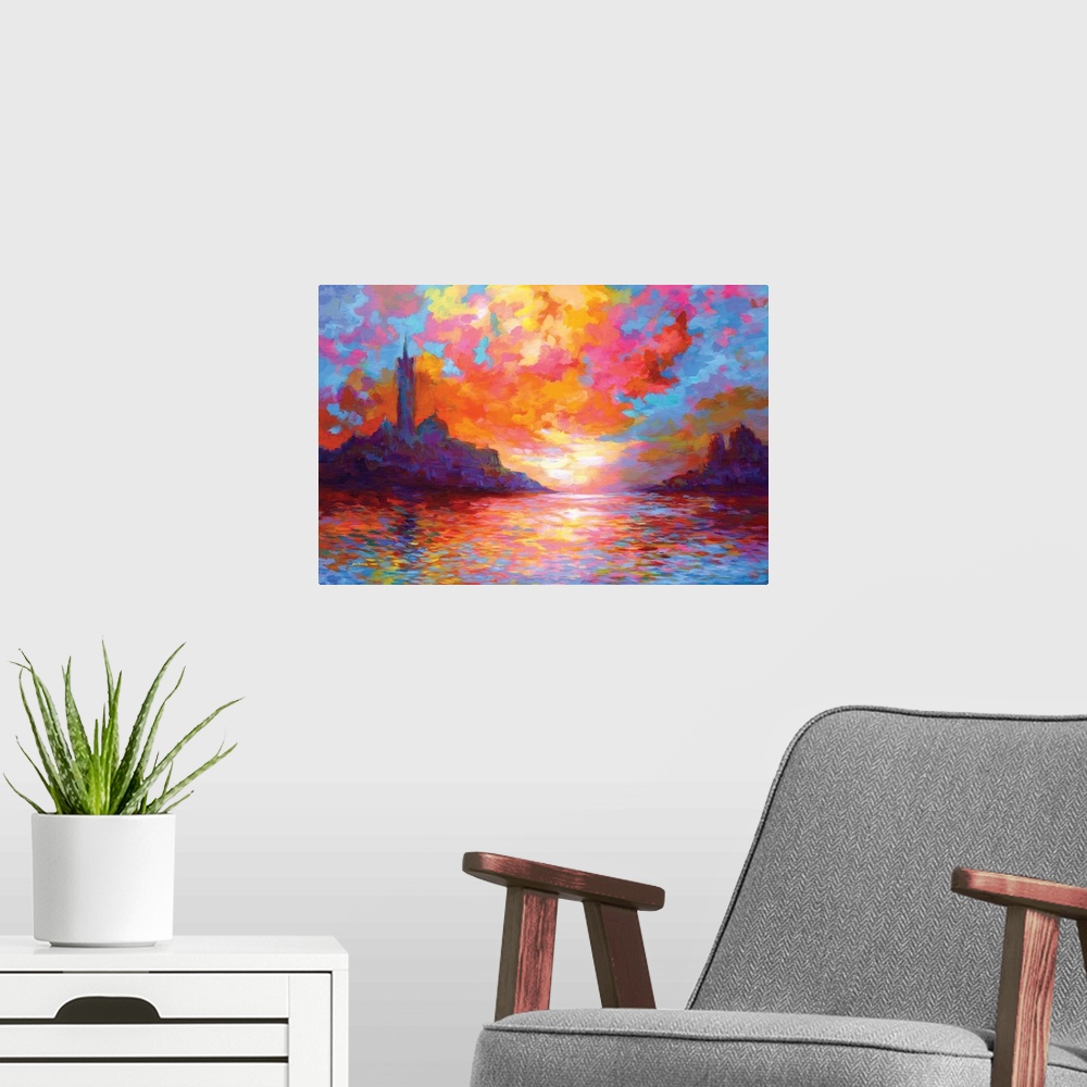 A modern room featuring Sunset In Venice, A Homage To Claude Monet