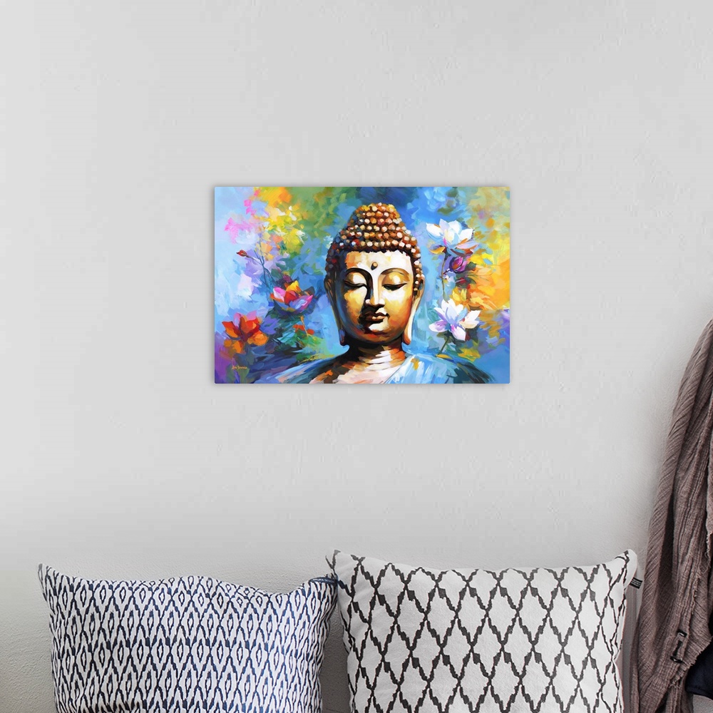 A bohemian room featuring This contemporary artwork captures the serene essence of Buddha, enveloped by the vivid hues of a...