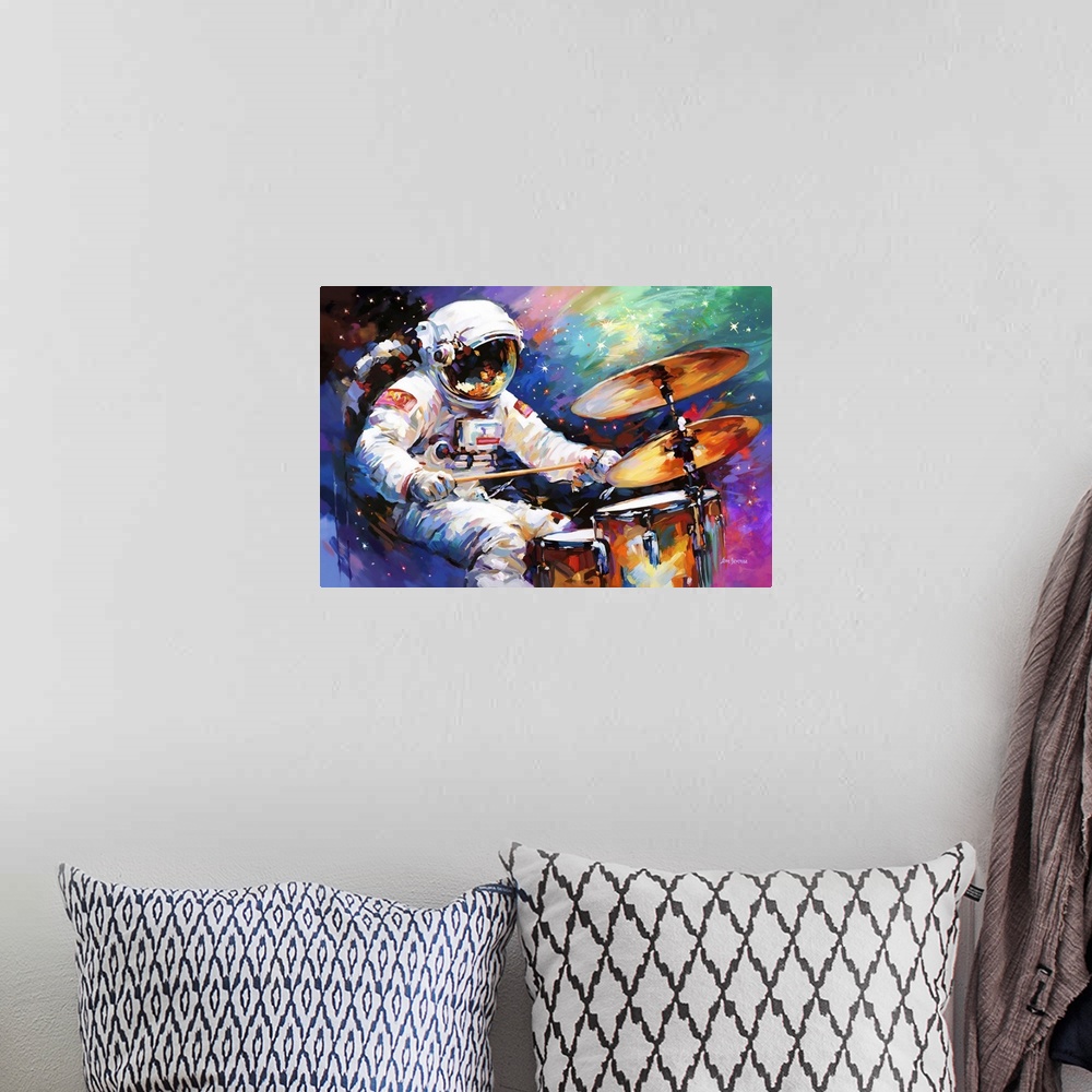 A bohemian room featuring This contemporary artwork depicts an astronaut immersed in the rhythm of drumming, surrounded by ...