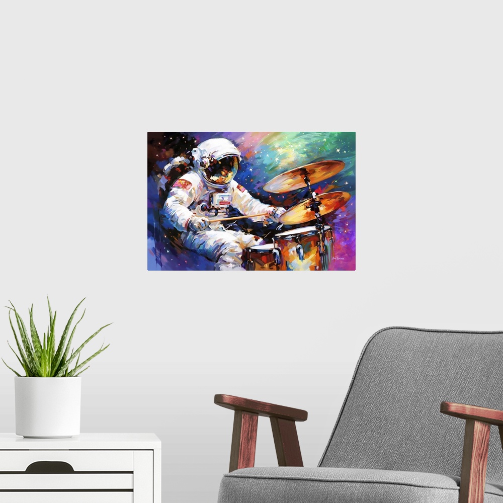 A modern room featuring This contemporary artwork depicts an astronaut immersed in the rhythm of drumming, surrounded by ...